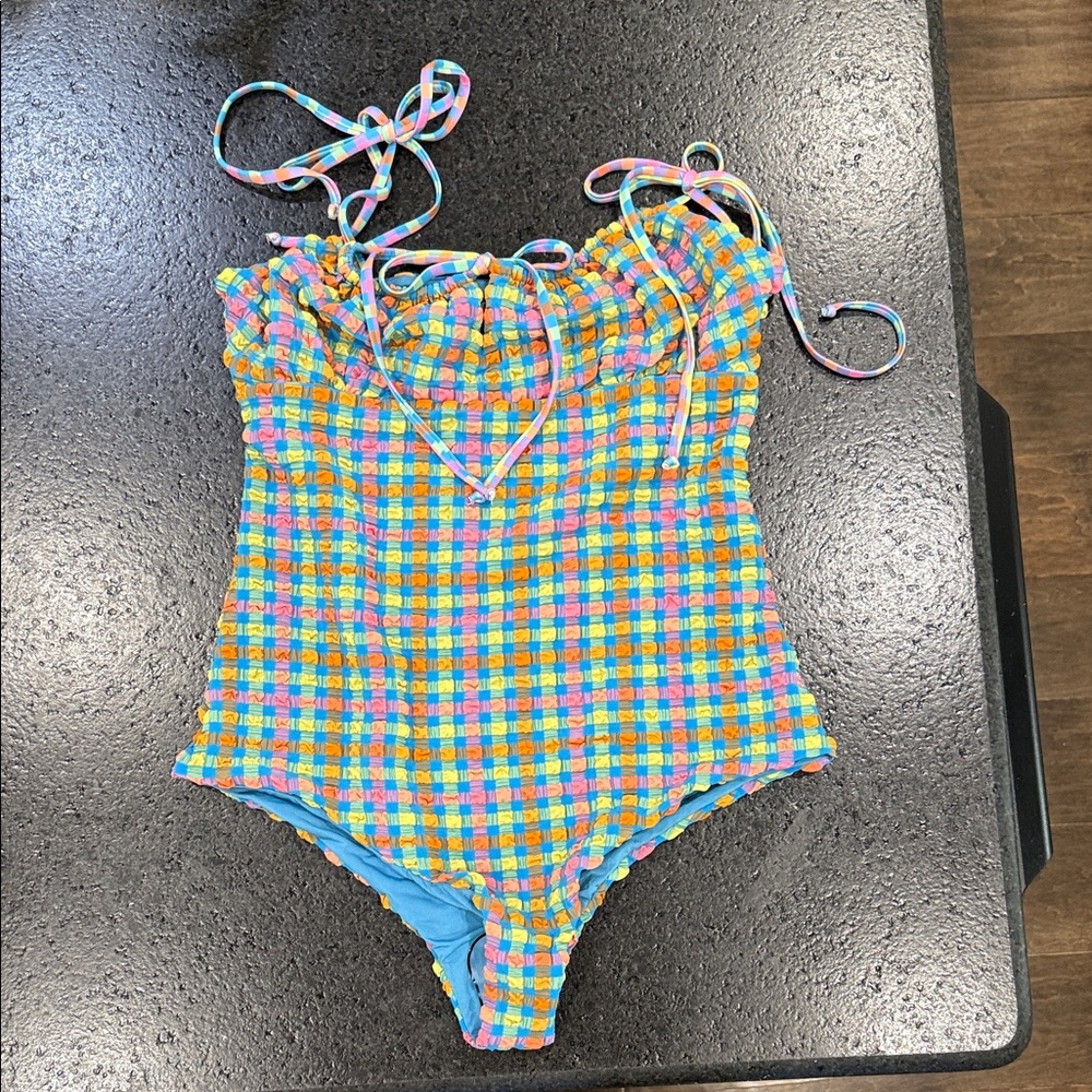 Beach Riot Girls' Multicolor Check One-Piece Swimsuit - Blue/Pink/Yellow/Orange